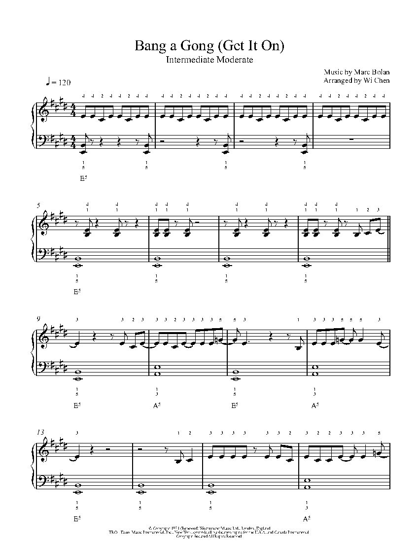 Bang a Gong (Get It On) by T.Rex Piano Sheet Music Intermediate Level