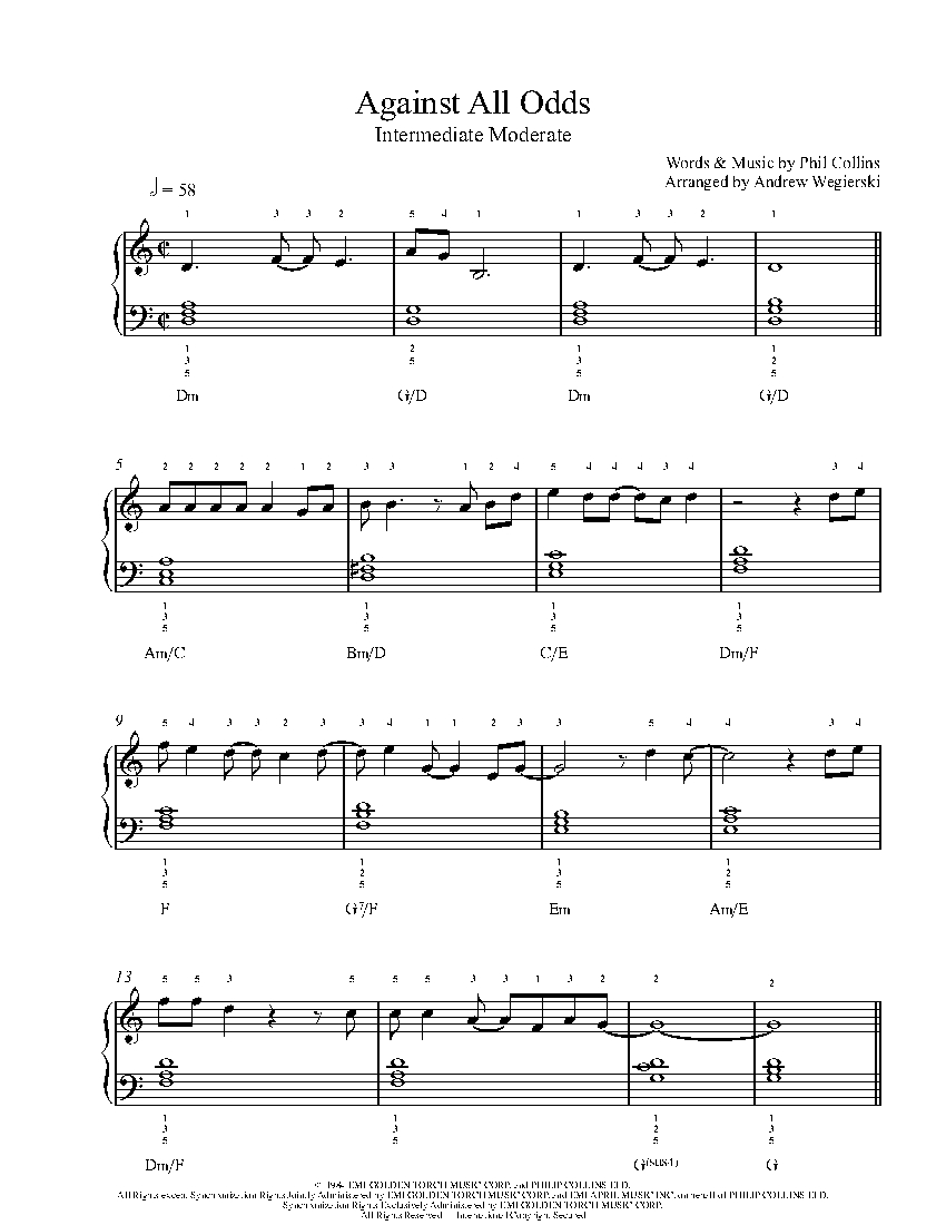 Against All Odds by Phil Collins Piano Sheet Music Intermediate Level