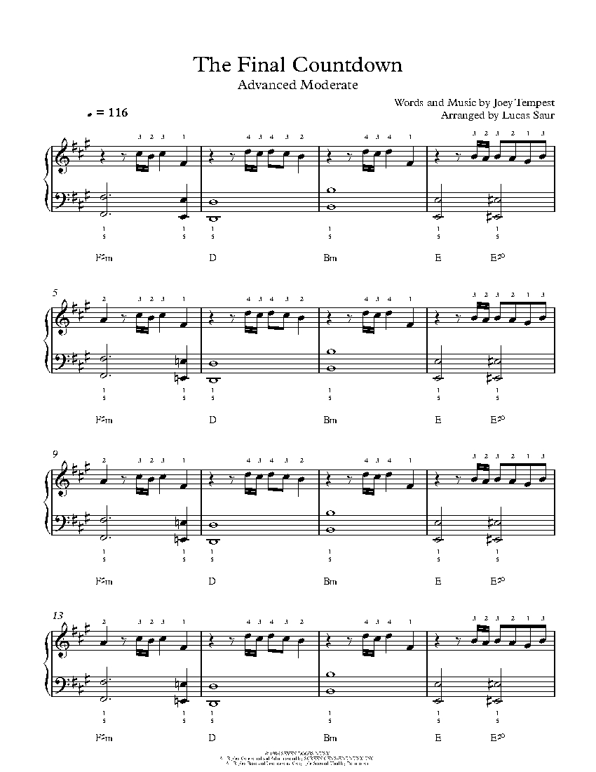 The Final Countdown By Europe Sheet Music Lesson Advanced Level